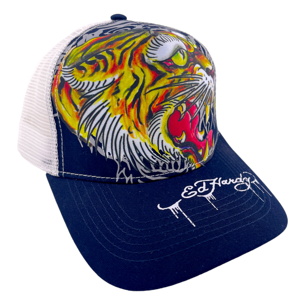 NWT Ed Hardy Screaming Tiger Blue Mesh Back Adjustable Snapback Trucker‎ Hat Cap